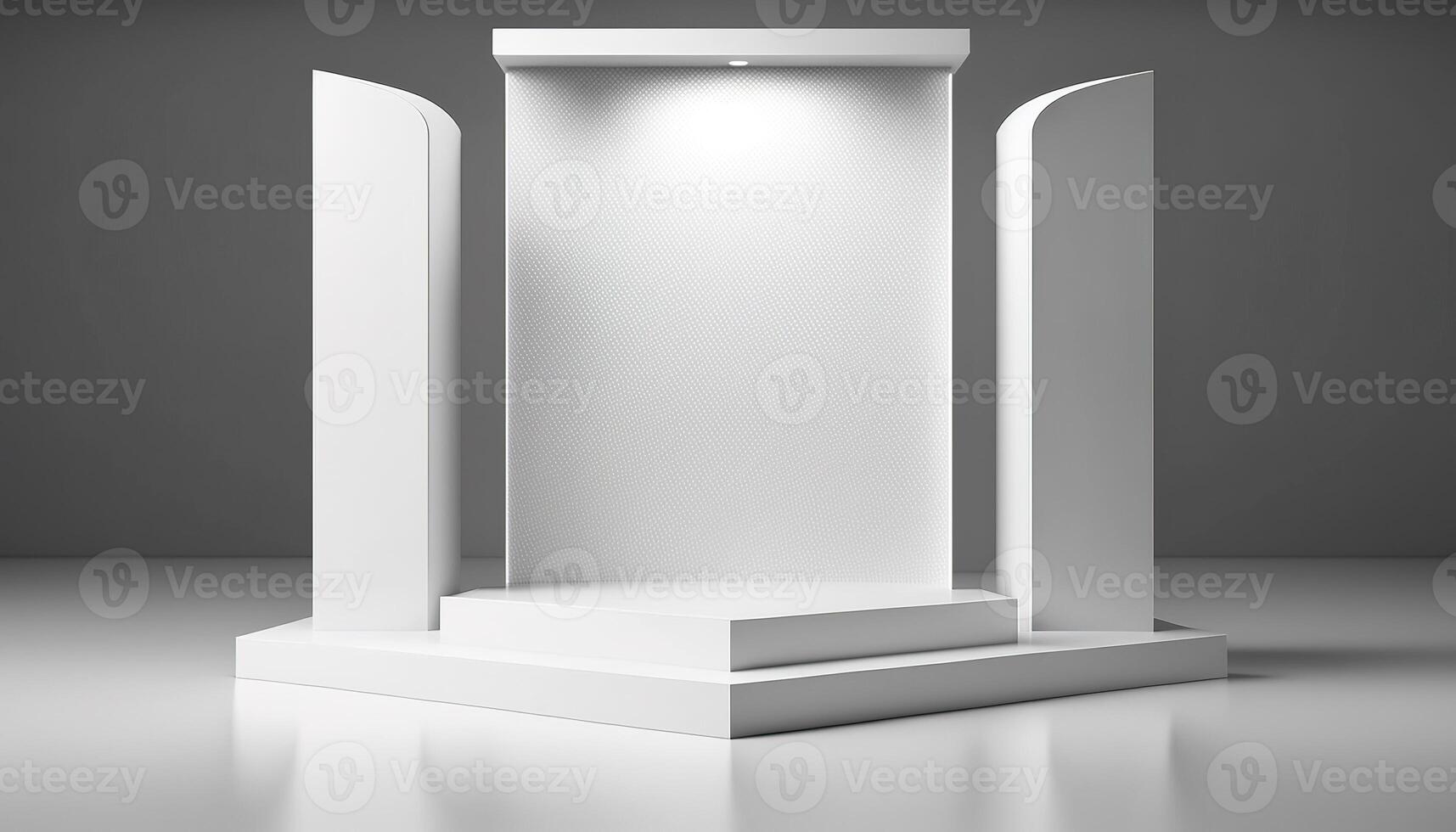 Realistic 3D white theme podium for product display. photo