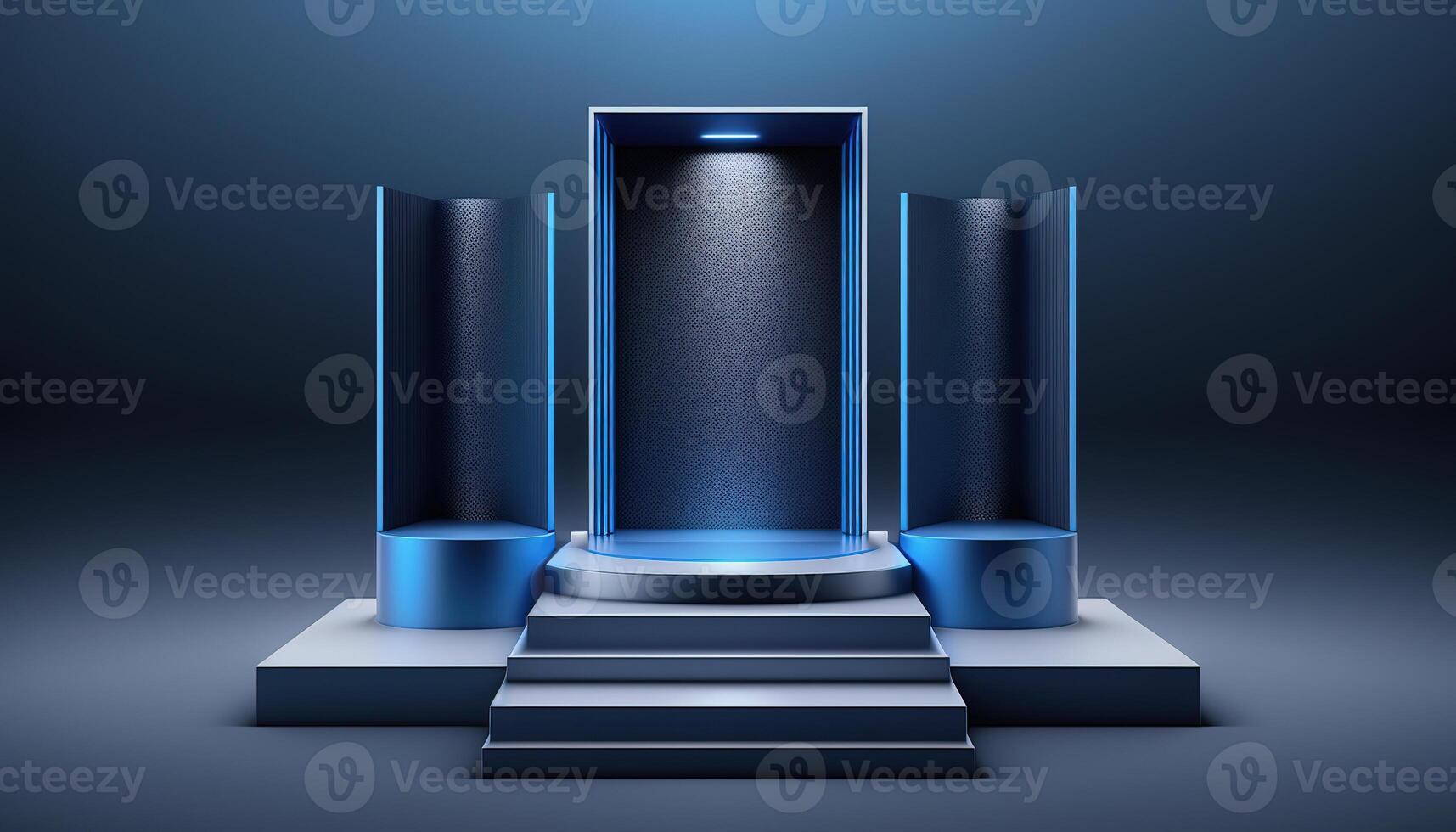 Realistic 3D blue theme podium for product display. photo