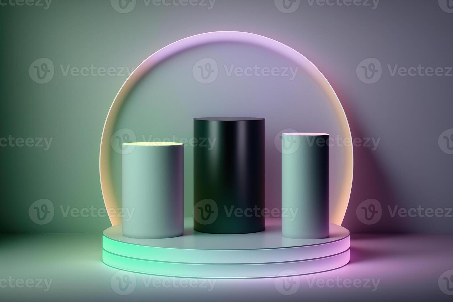 Realistic 3D cylinder with a colorful neon light podium for product display. photo