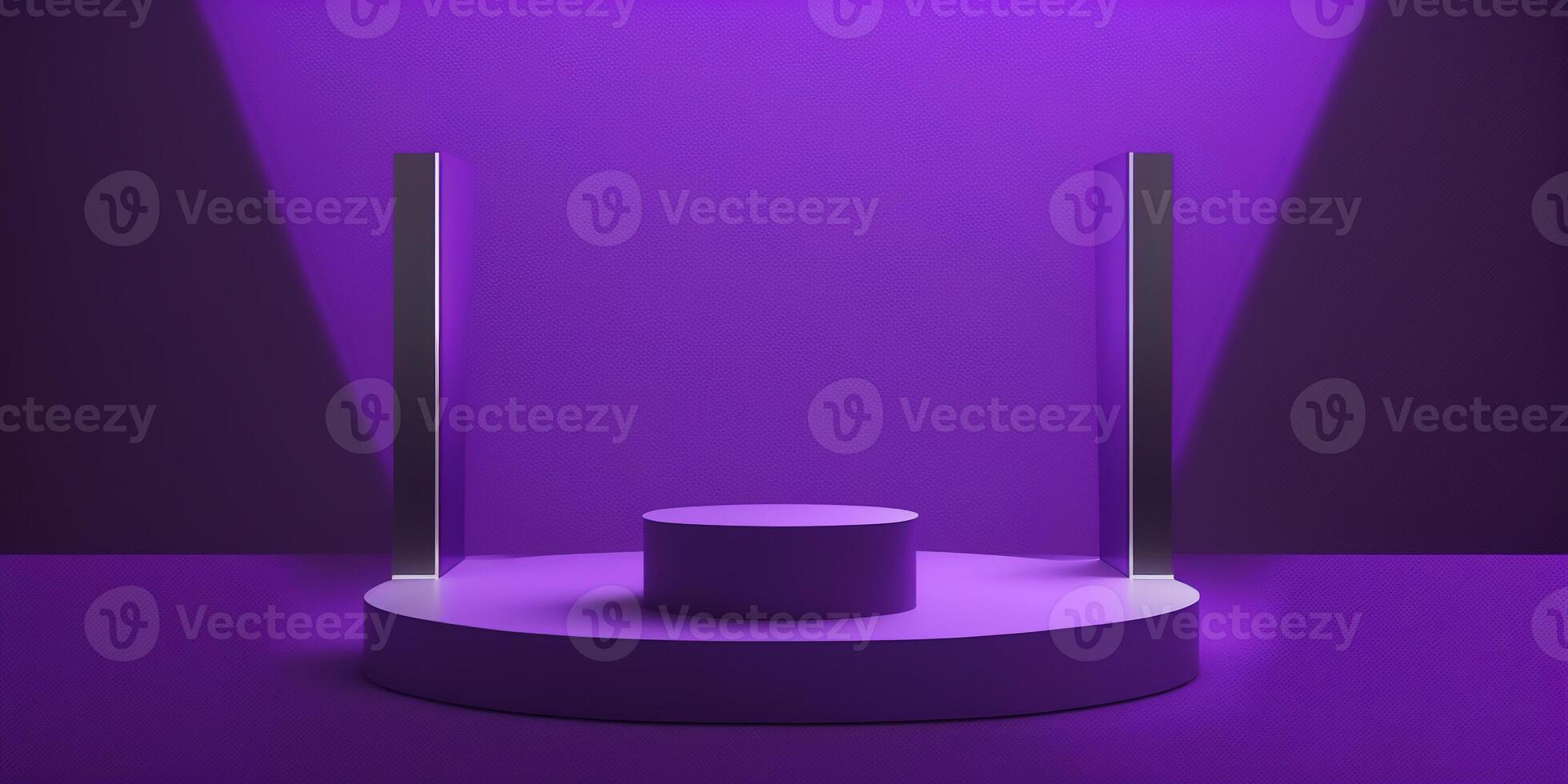 Realistic 3D purple theme podium for product display. photo