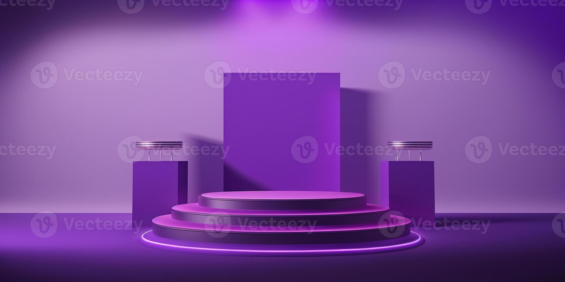 Realistic 3D purple theme podium for product display. photo