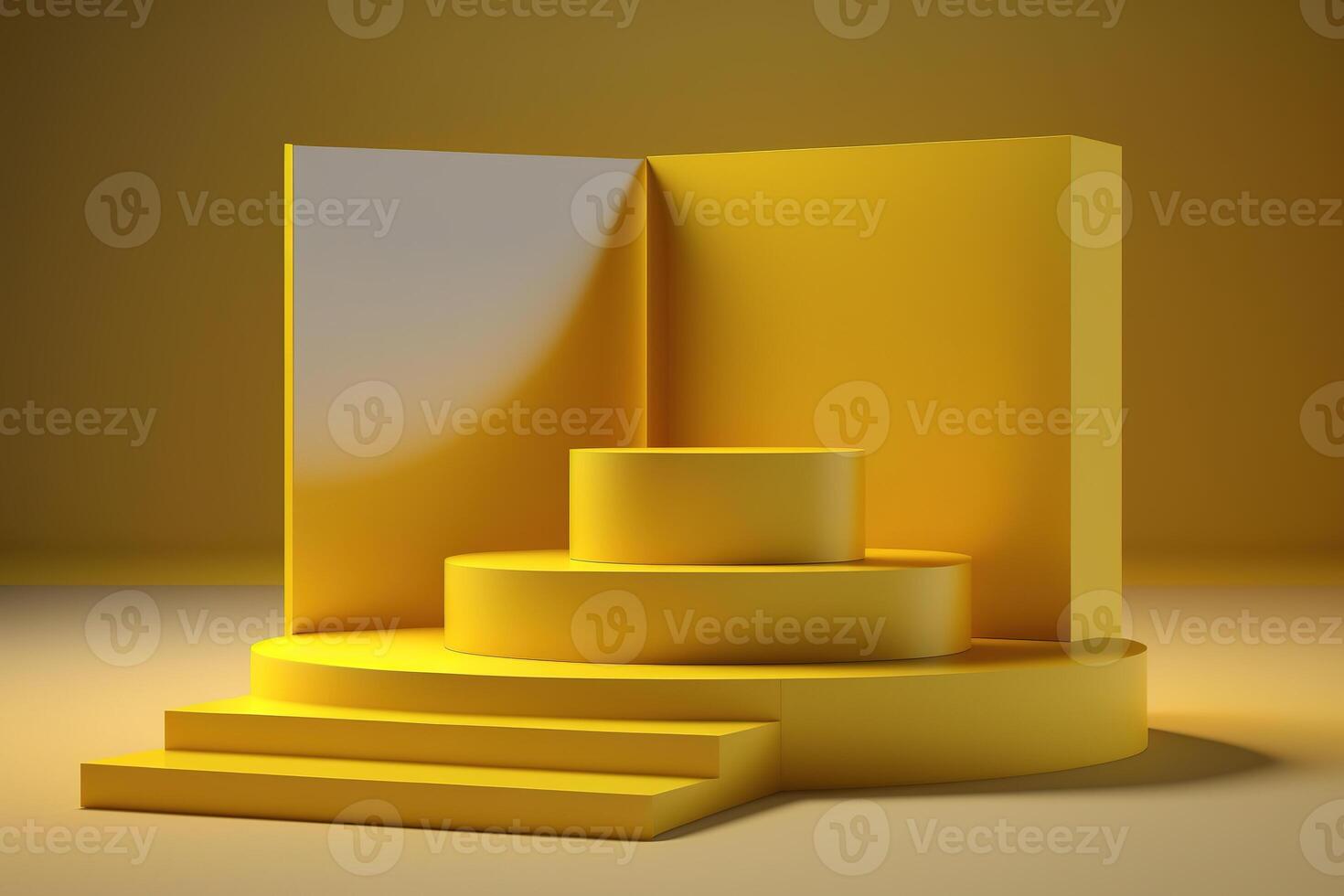 Realistic 3D yellow theme podium for product display. photo