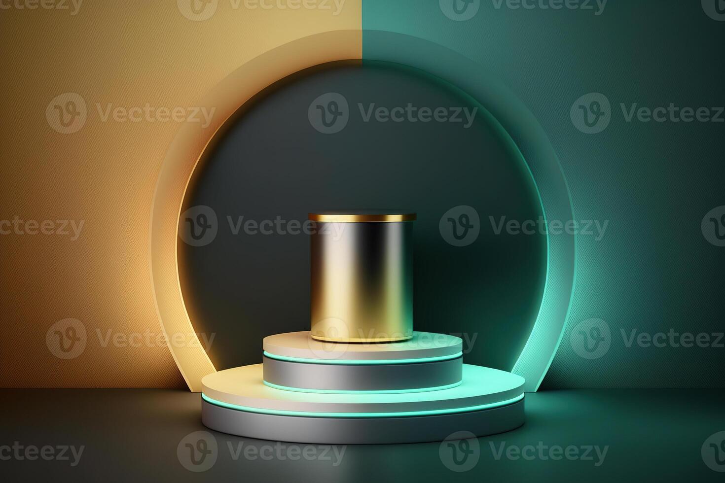 Realistic 3D cylinder with a colorful neon light podium for product display. photo