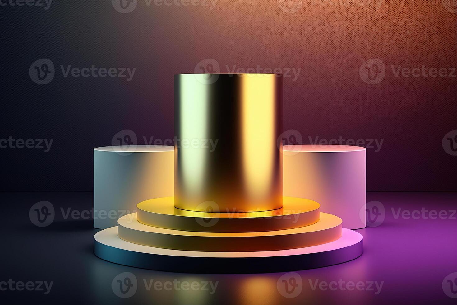 Realistic 3D cylinder with a colorful neon light podium for product display. photo