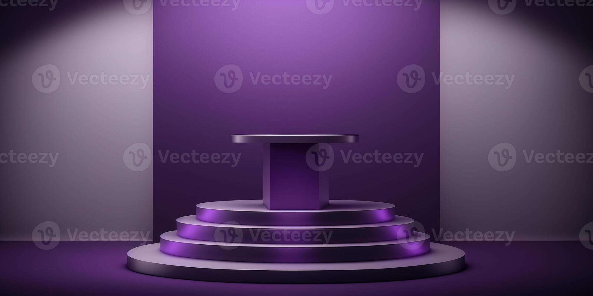 Realistic 3D purple theme podium for product display. photo