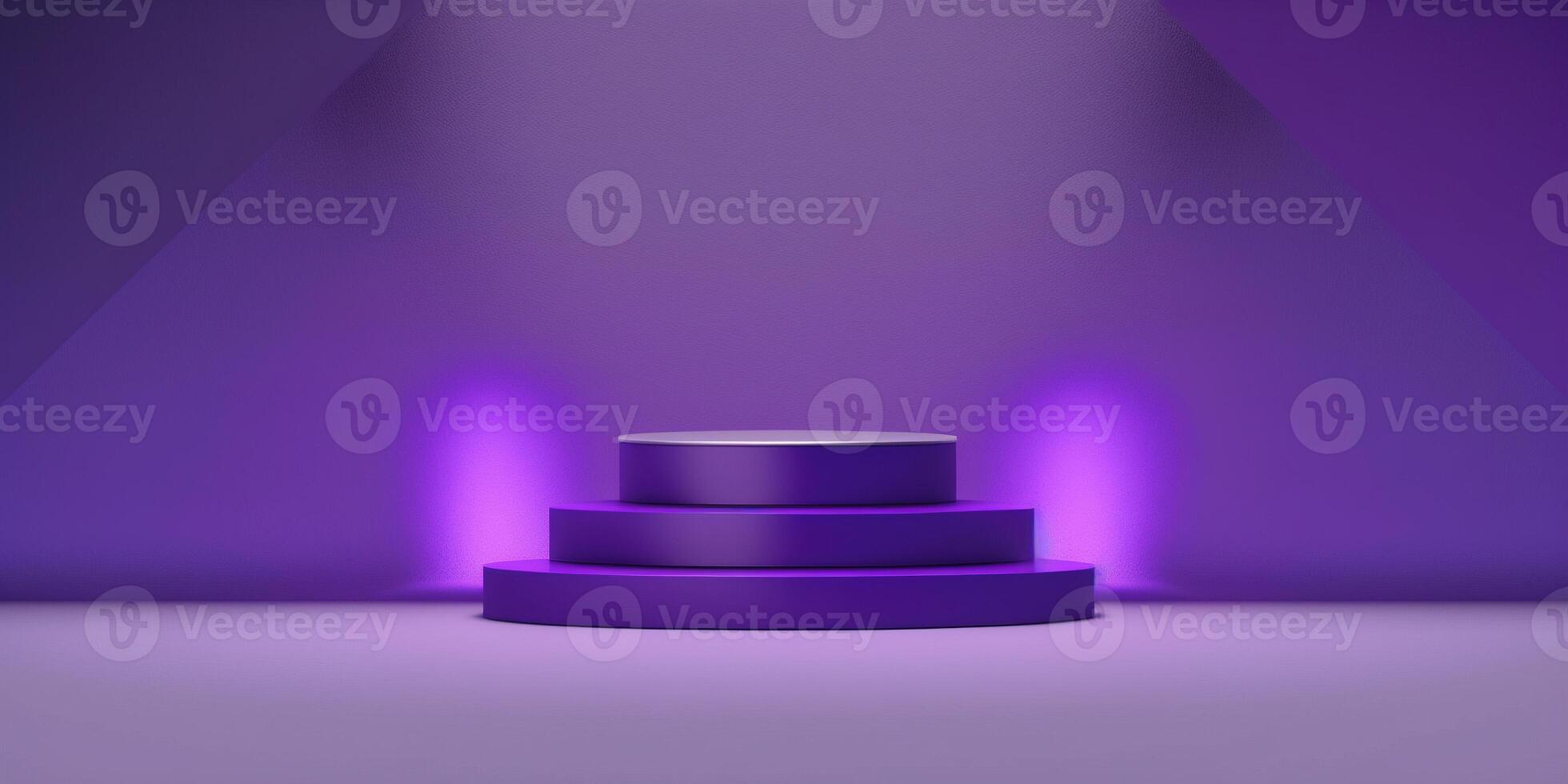 Realistic 3D purple theme podium for product display. photo