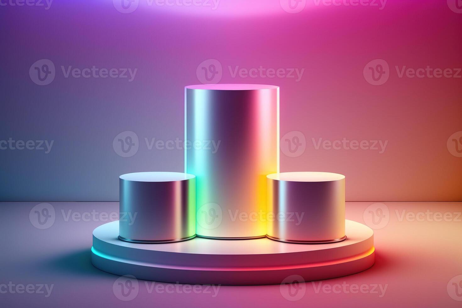 Realistic 3D cylinder with a colorful neon light podium for product display. photo
