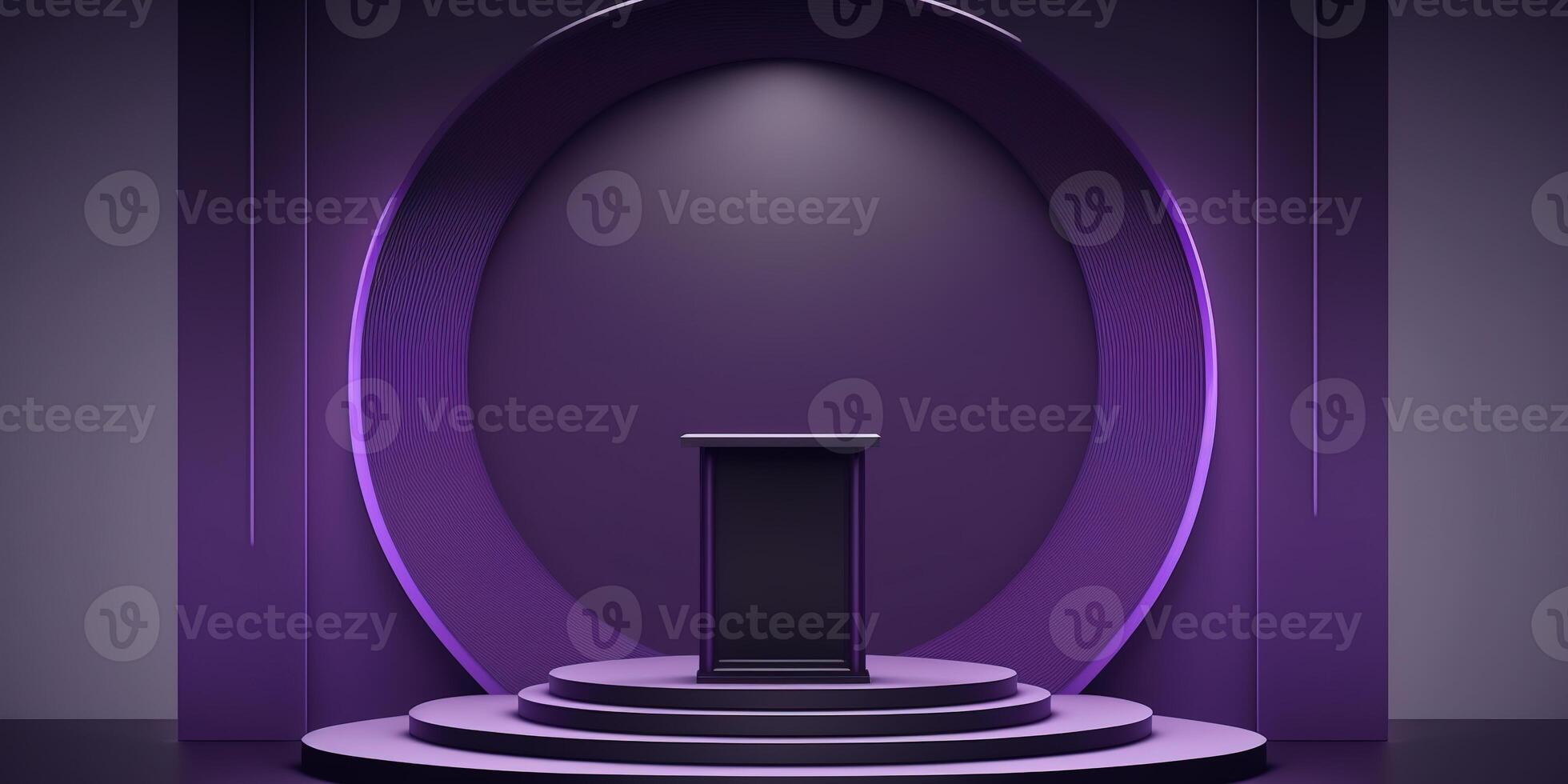 Realistic 3D purple theme podium for product display. photo