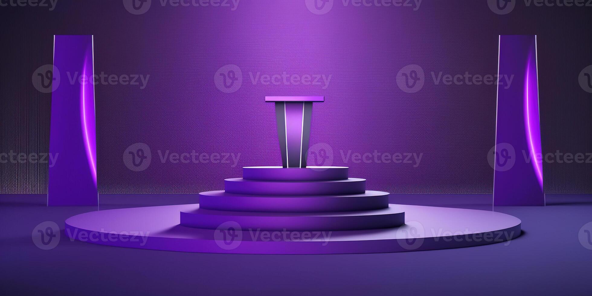 Realistic 3D purple theme podium for product display. photo