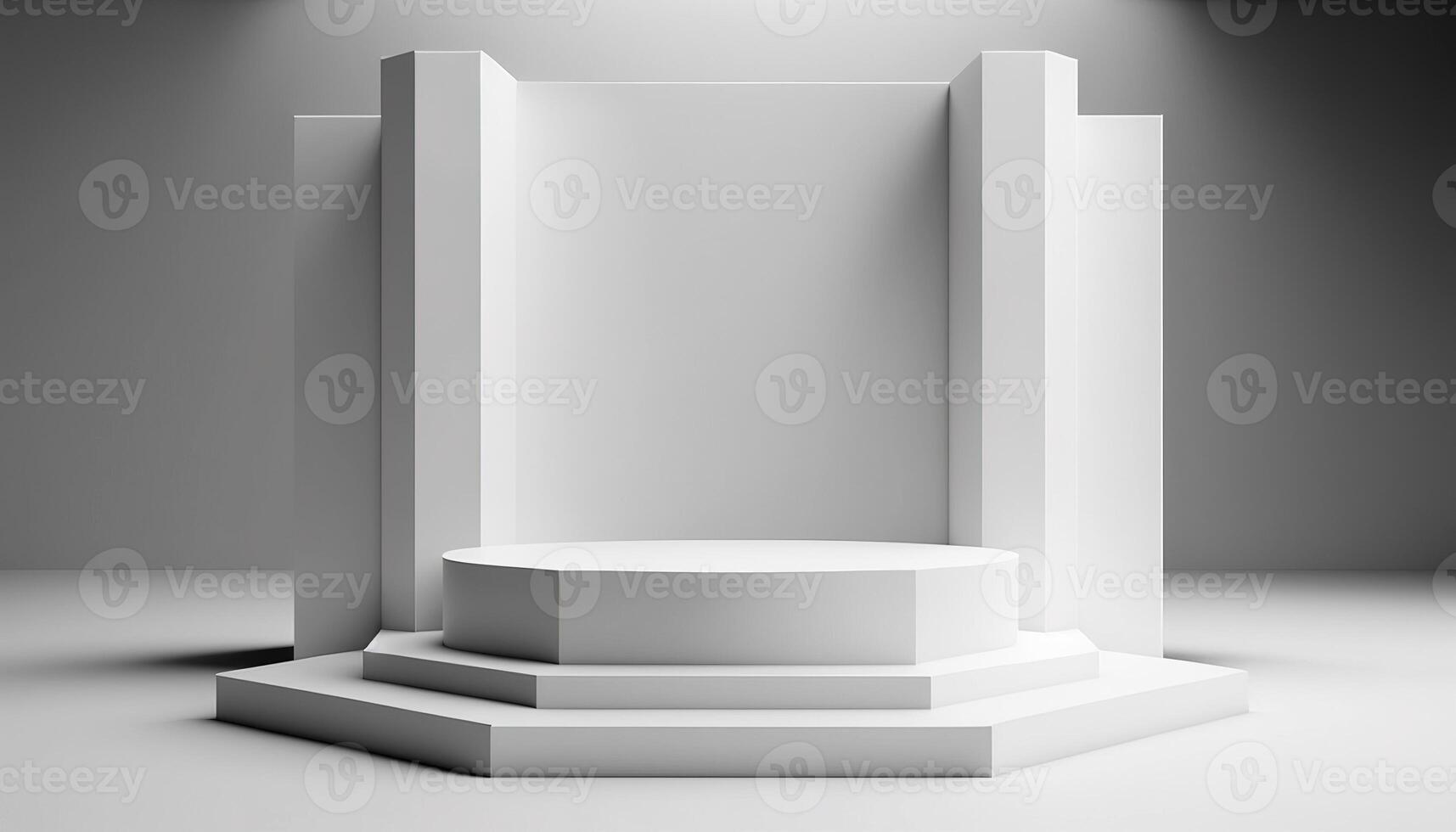 Realistic 3D white theme podium for product display. photo