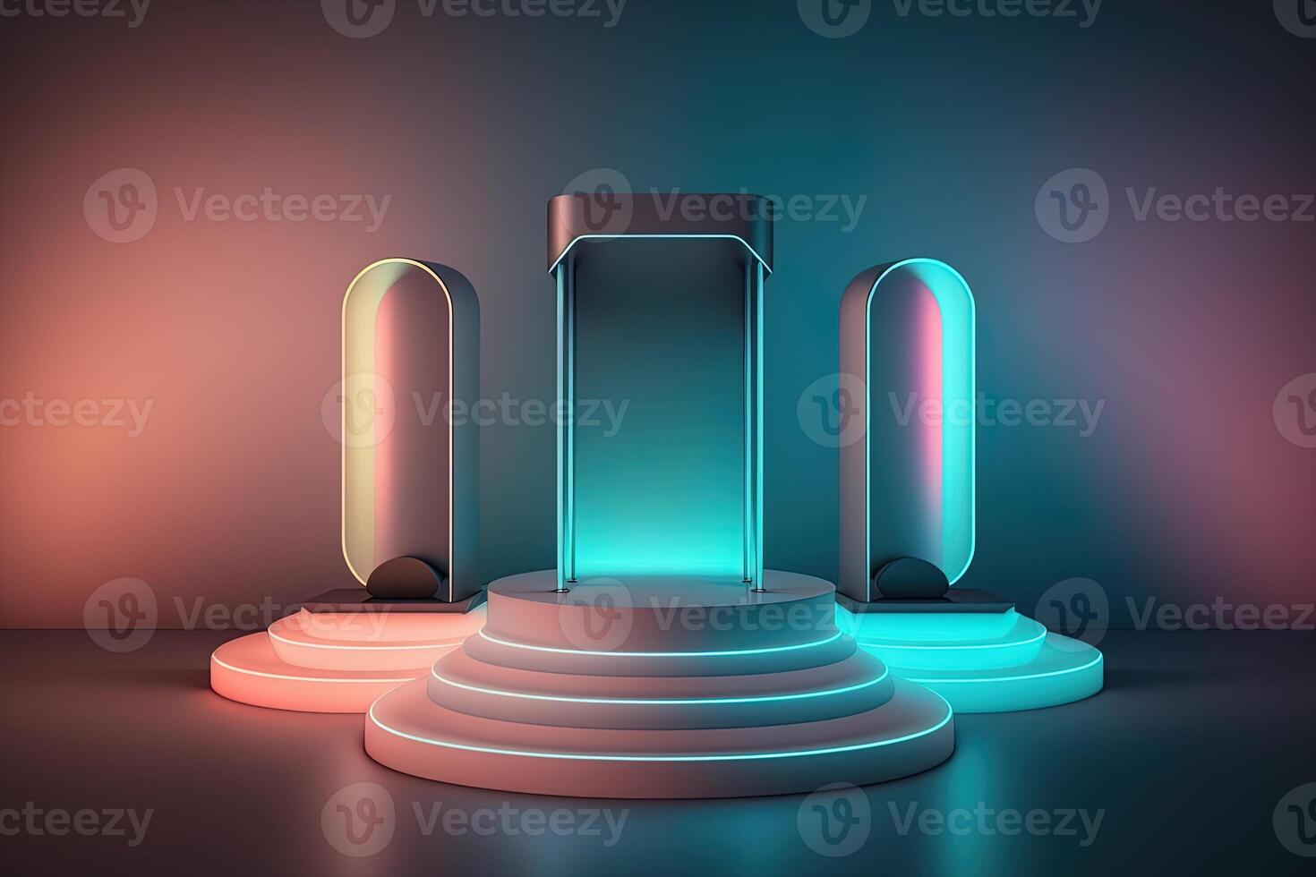 Realistic 3D podium with neon light and pastel color for product display. photo