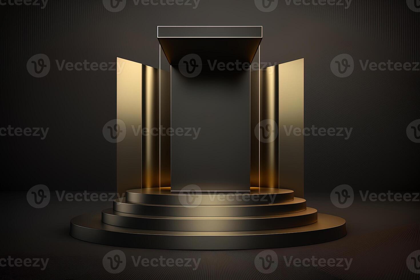 Realistic 3D luxury and golden podium for product display. photo