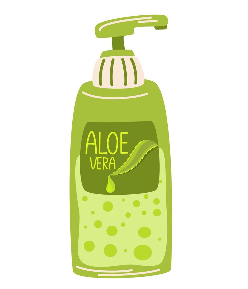 Skin lotion with aloe vera. Natural cosmetics for face and body. Aloe vera plant pieces. Products, printing and web. Vector cartoon illustration isolated on the white background.