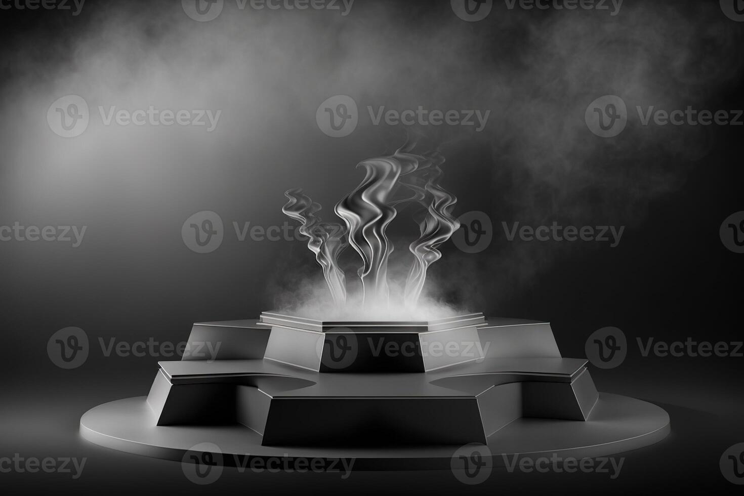 Realistic 3D podium with smoke and dark color for product display. photo