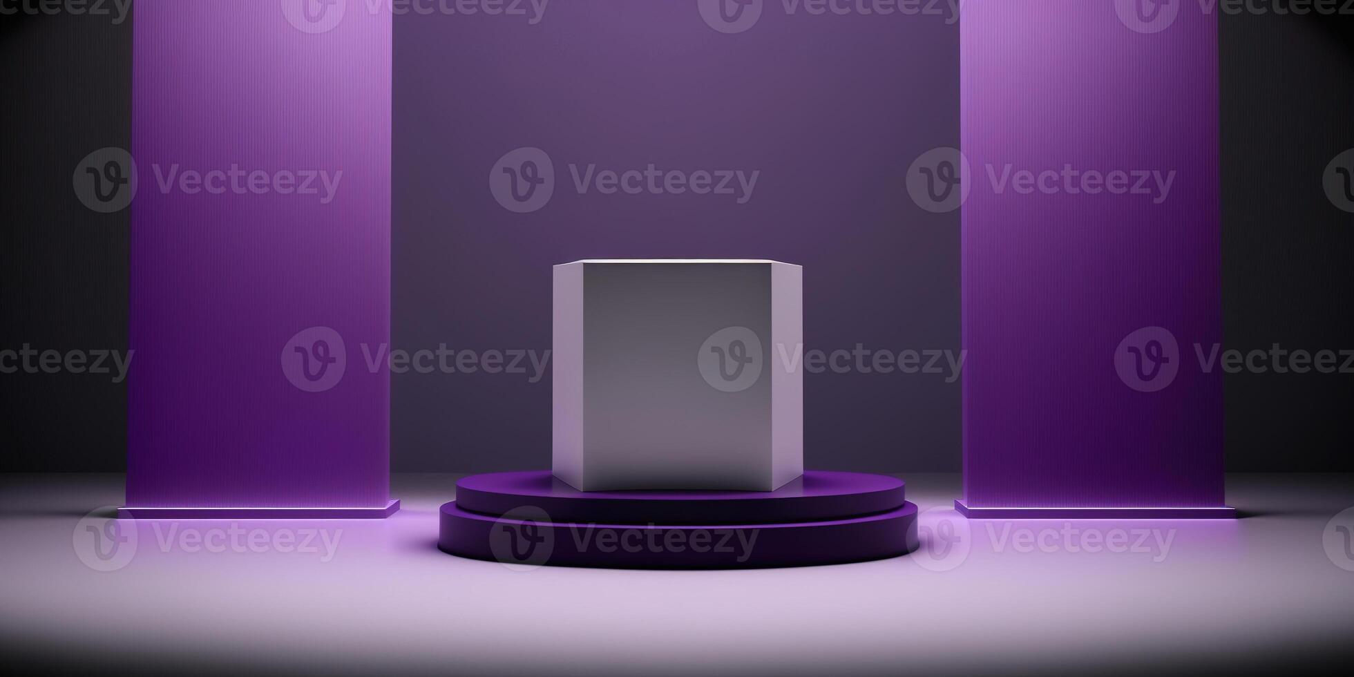 Realistic 3D purple theme podium for product display. photo