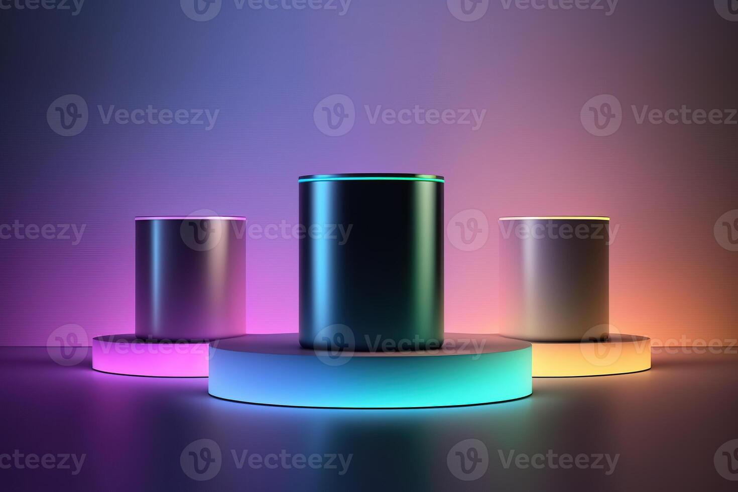 Realistic 3D cylinder with a colorful neon light podium for product display. photo