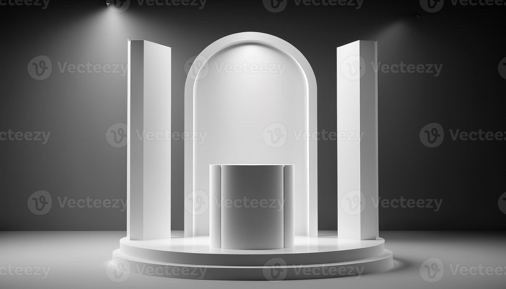Realistic 3D white theme podium for product display. photo