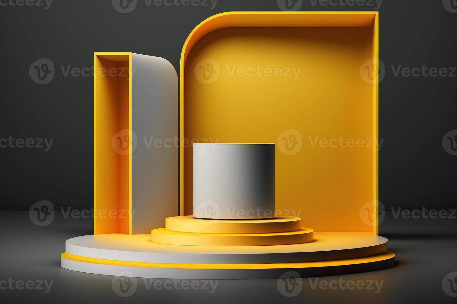 Realistic 3D yellow theme podium for product display. photo