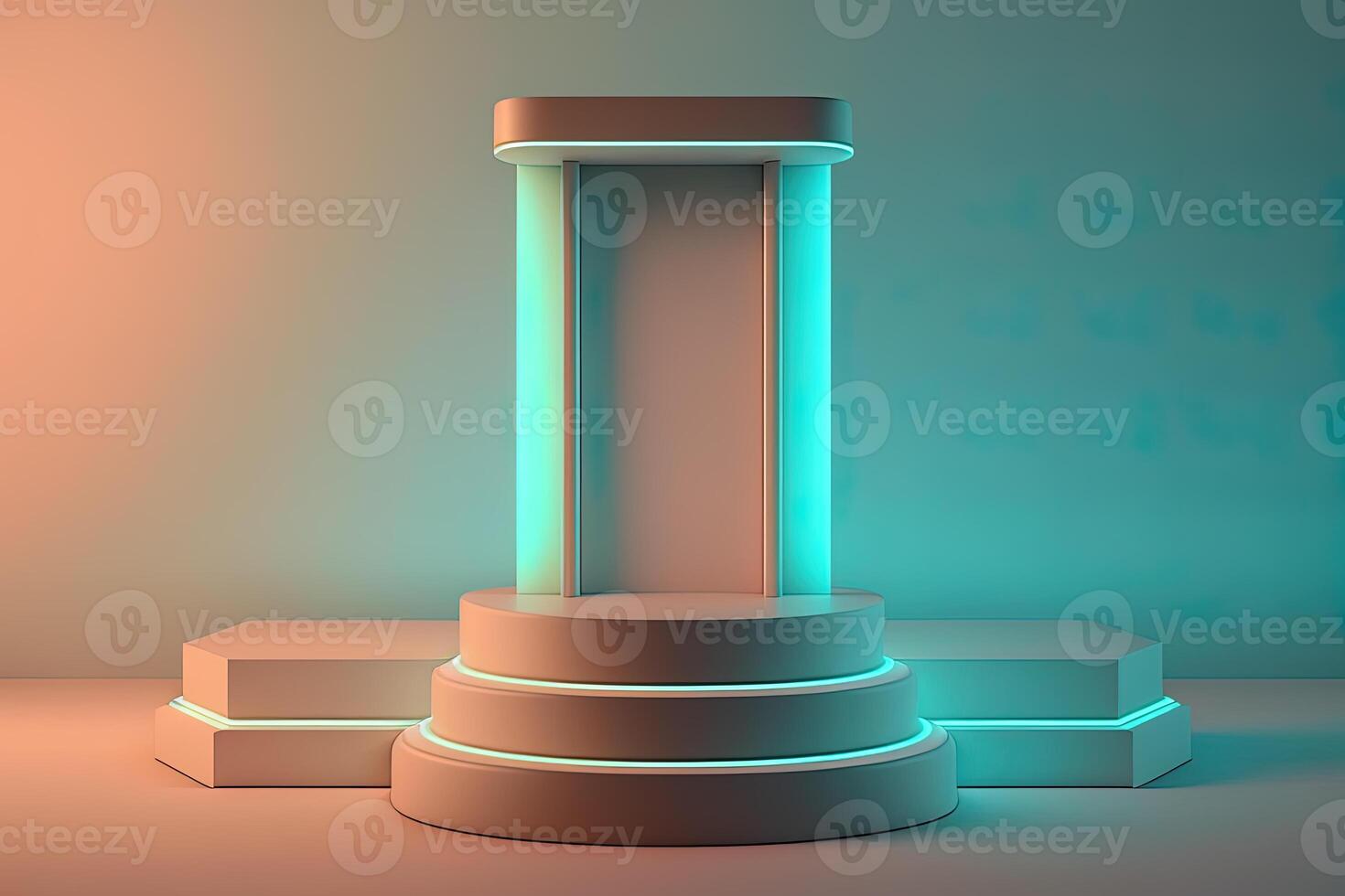 Realistic 3D podium with neon light and pastel color for product display. photo