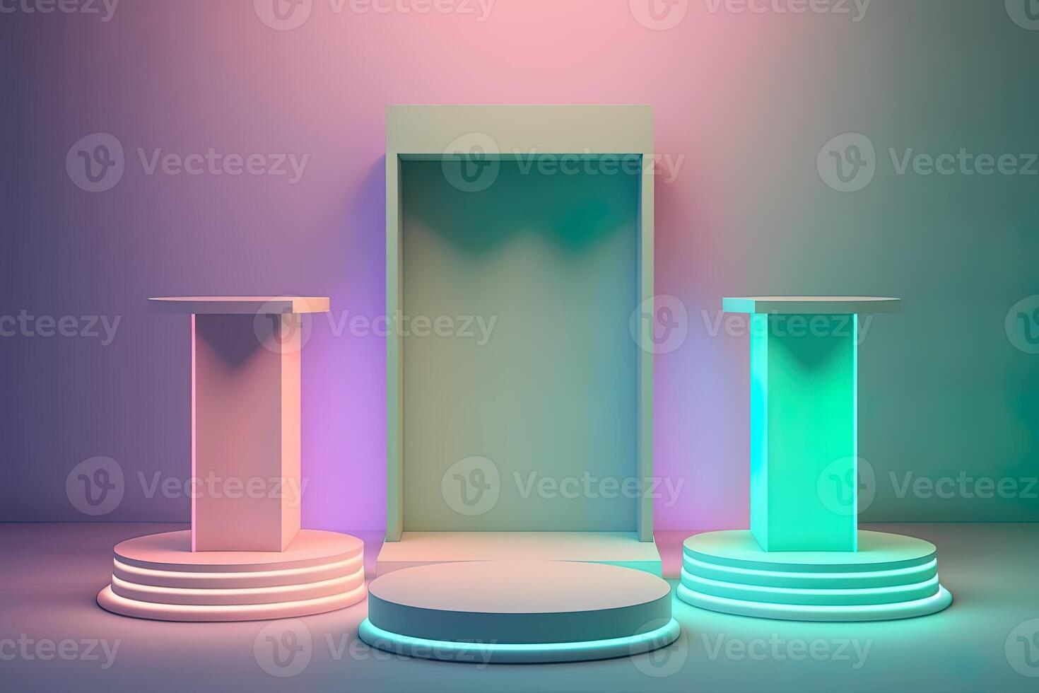 Realistic 3D podium with neon light and pastel color for product display. photo
