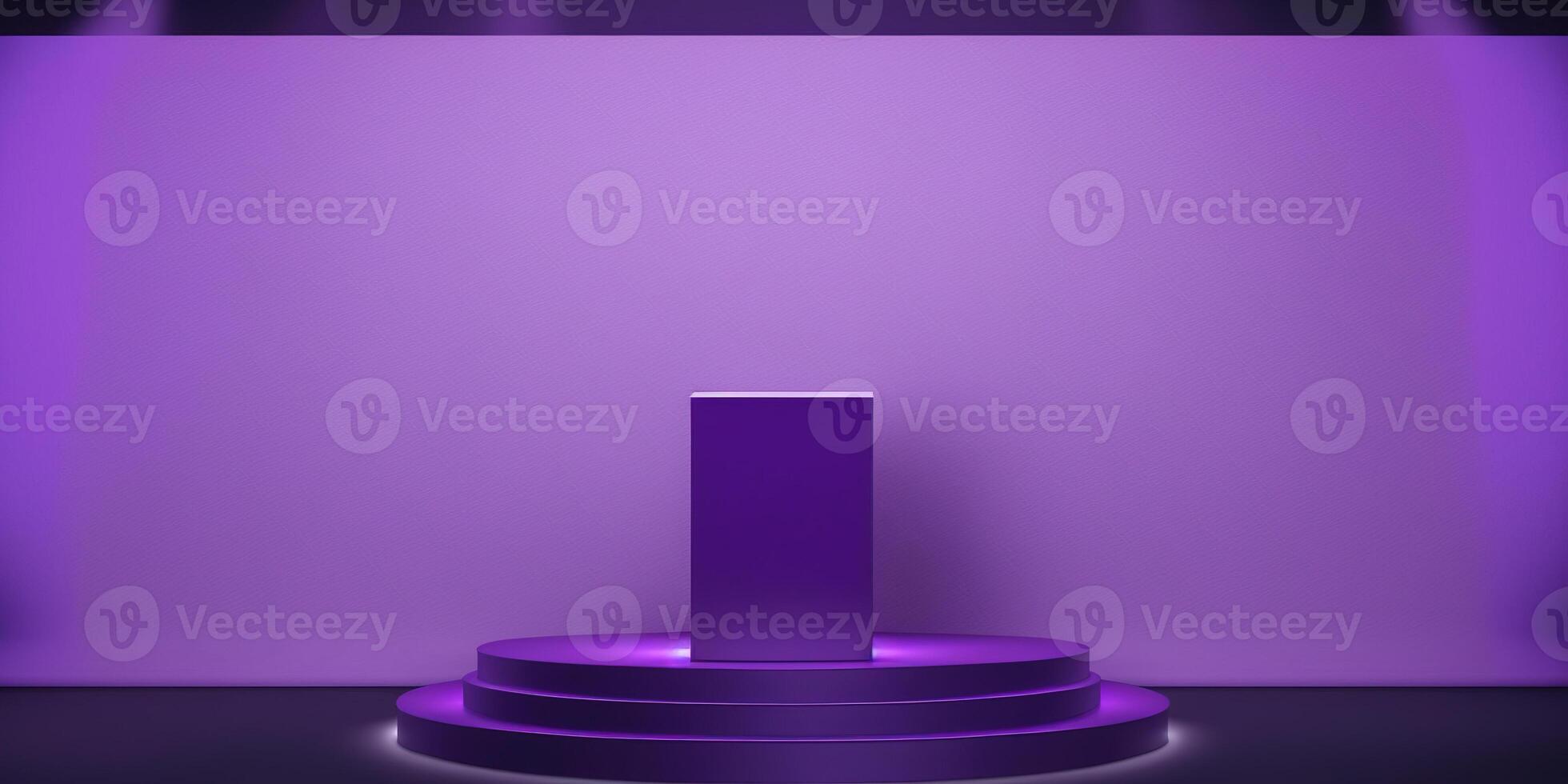 Realistic 3D purple theme podium for product display. photo