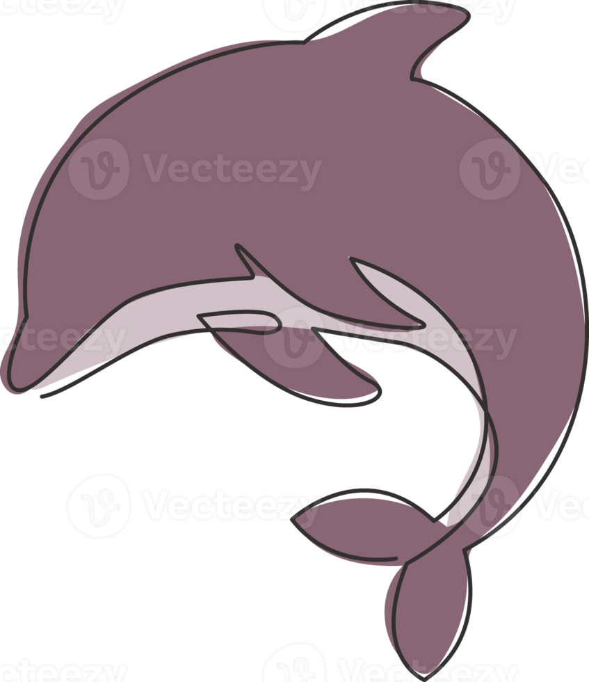enda kontinuerlig linjeteckning av vänliga söta delfiner för akvariets logotypidentitet under vattnet. vilda havsdäggdjur djur koncept för cirkus maskot. en rad rita grafisk vektor design illustration png