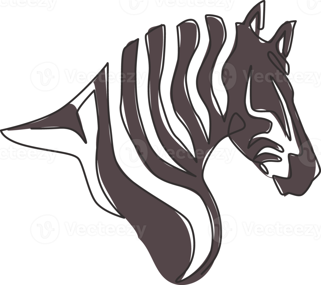 One single line drawing of zebra head for national park zoo safari logo identity. Typical horse from Africa with stripes concept for kids playground mascot. Continuous line draw design illustration png