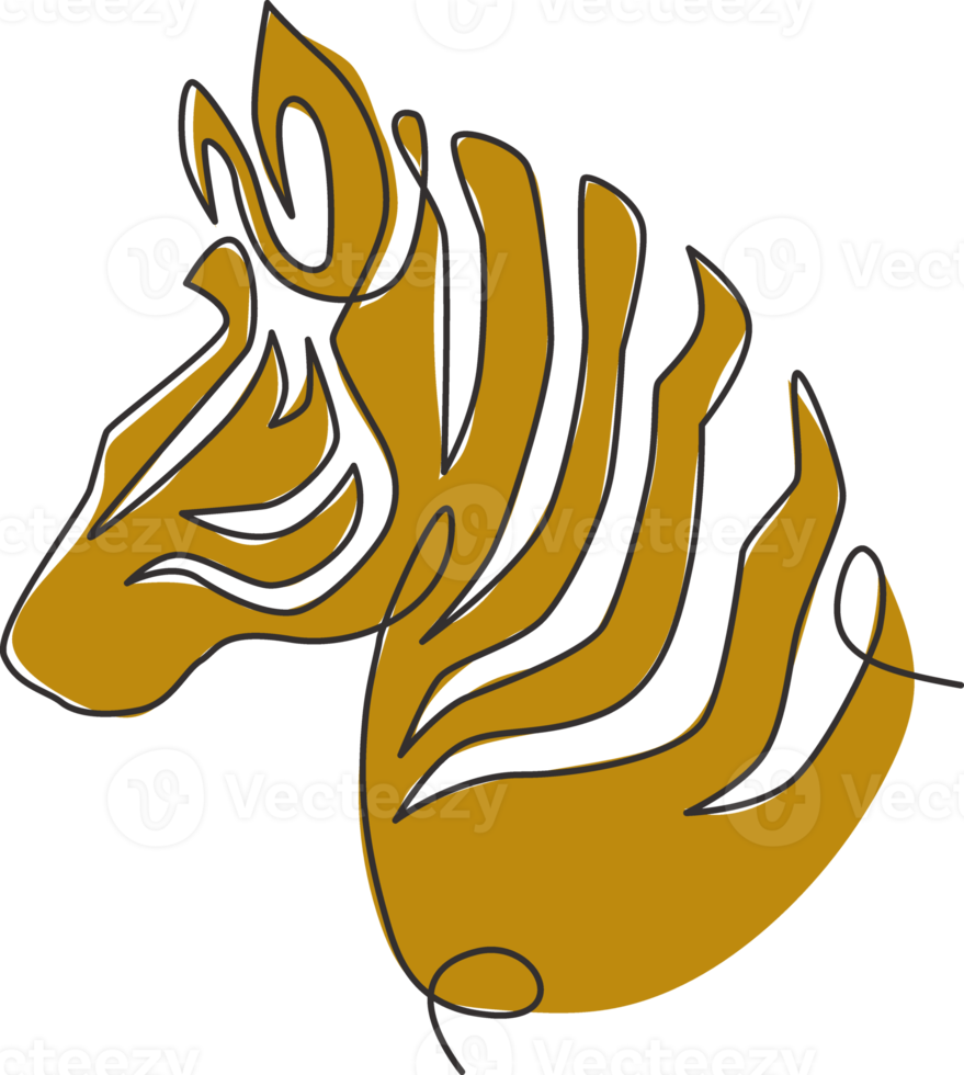 Single continuous line drawing of elegant zebra head for company logo identity. Horse with stripes mammal animal concept for national park safari zoo mascot. Trendy one line draw design illustration png