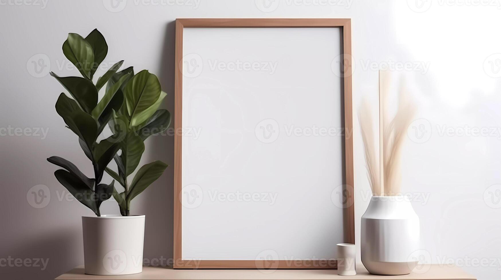 Blank picture frame mockup on wall in modern interior. Artwork template mock up in interior design. View of modern boho style interior with plant in trendy vase photo