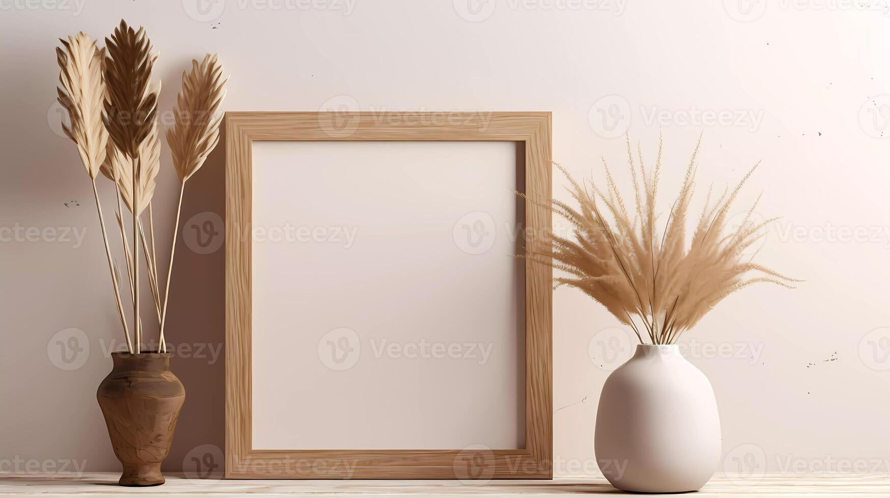 Blank picture frame mockup on wall in modern interior. Artwork template mock up in interior design. View of modern boho style interior with plant in trendy vase photo