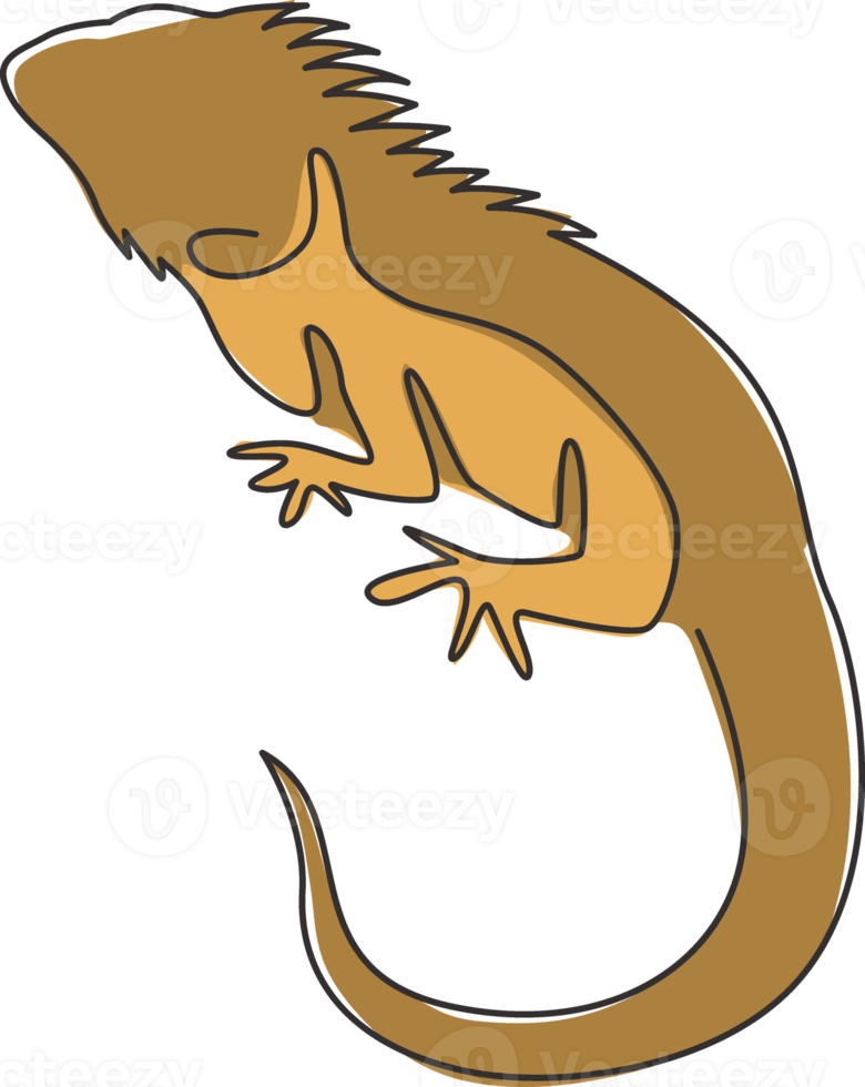 One single line drawing of exotic iguana for company logo identity. Cute reptilian animal mascot concept for pet lover society. Trendy continuous line draw design vector graphic illustration png