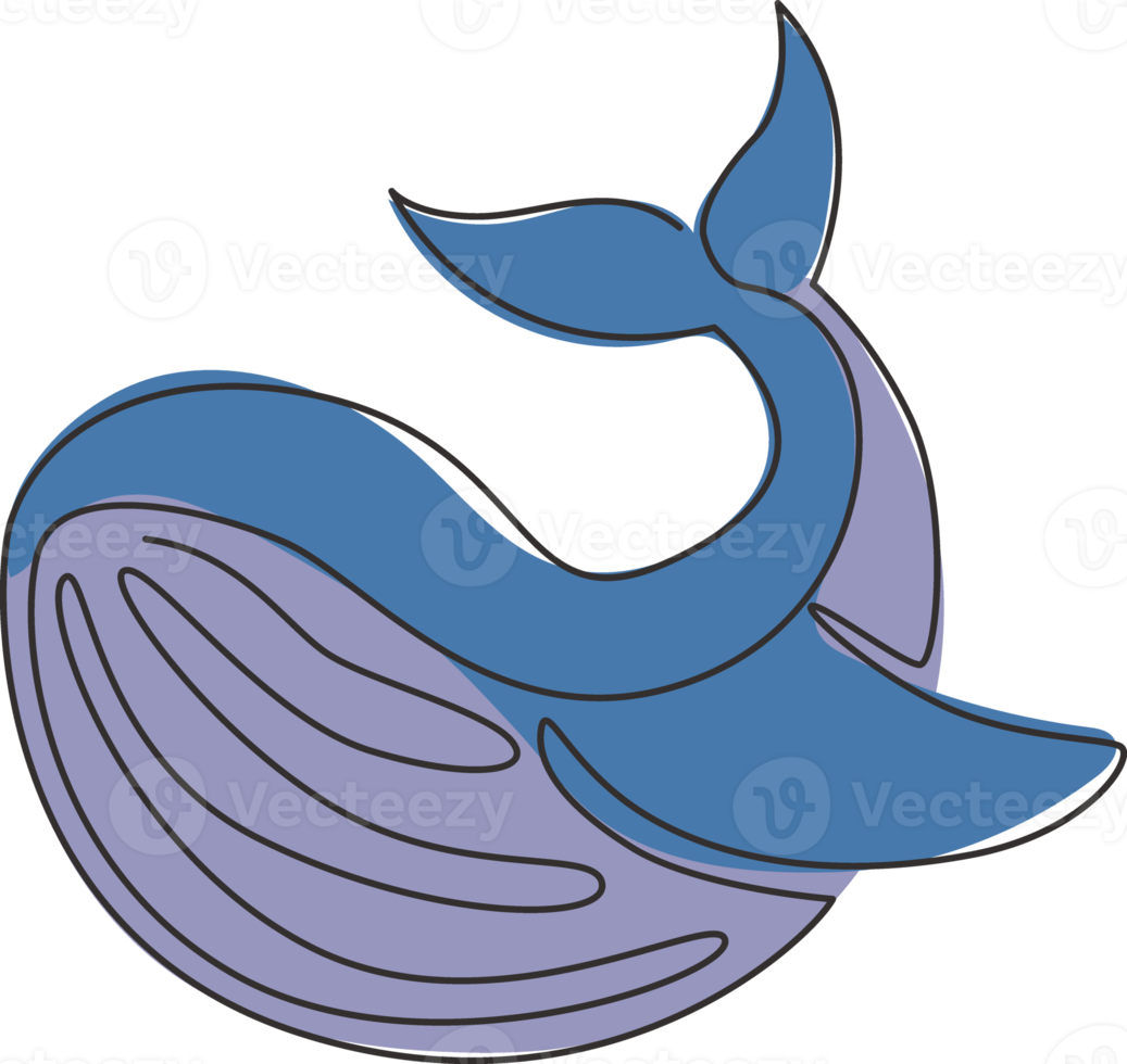 Single continuous line drawing of big whale for marine company logo identity. Big fish mammal animal mascot concept for business logotype. Trendy one line draw design illustration vector graphic png