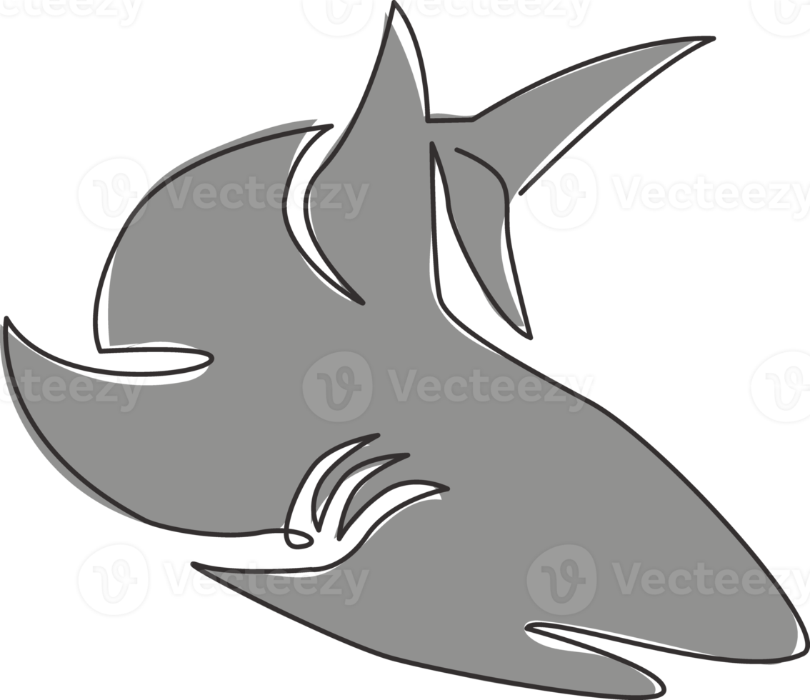 enda kontinuerlig linjeritning av aggressiv haj för naturäventyrsföretagets logotyp. vilda djur havsfisk djur koncept för säker havsorganisation maskot. en linje rita design illustration png