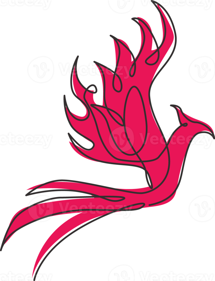 Single continuous line drawing of flame phoenix bird for corporate logo identity. Company icon concept from fauna shape. Modern one line draw vector graphic design illustration png