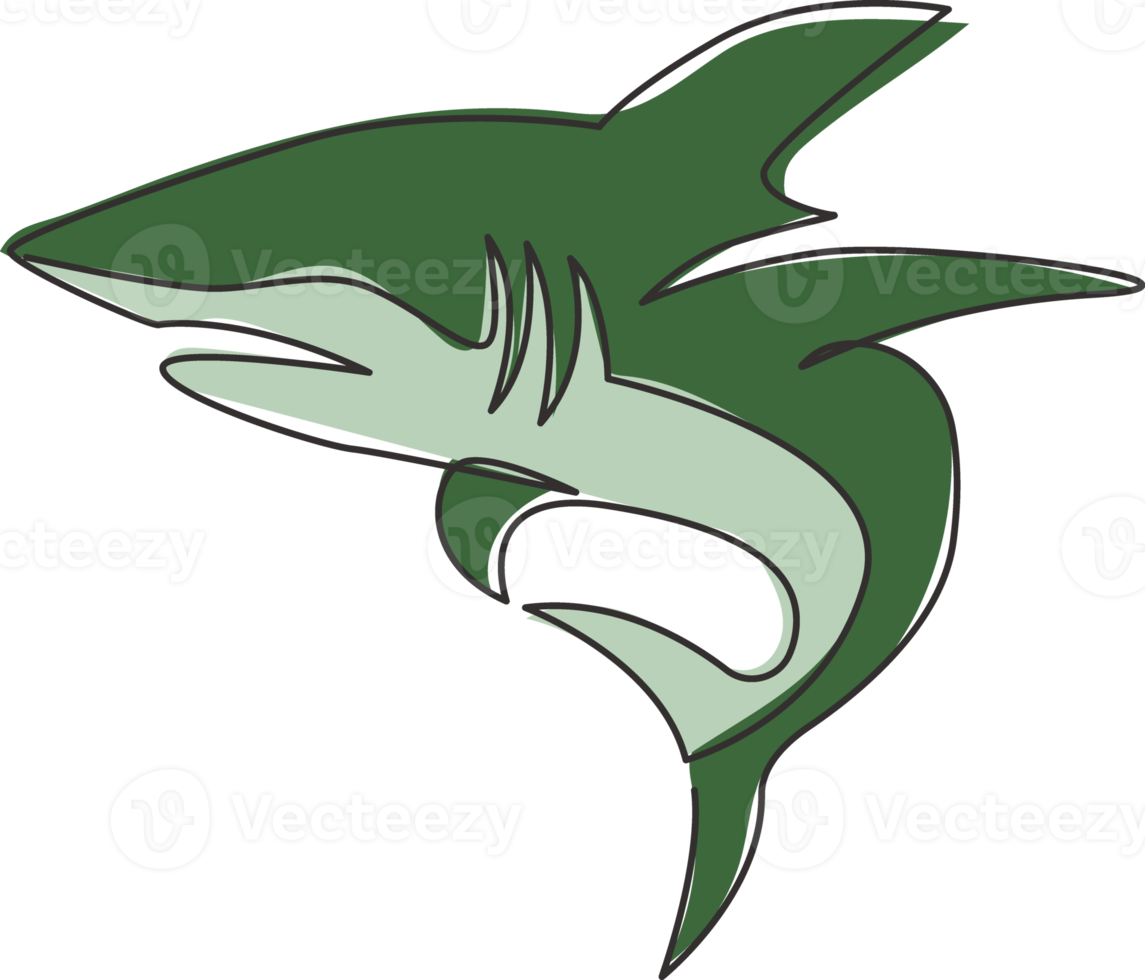 een doorlopende lijntekening van haai zeevis roofdier voor onderwaterleven aquarium logo identiteit. wild zee dier concept voor natuurliefhebbers stichting mascotte. enkele lijn tekenen ontwerp illustratie png