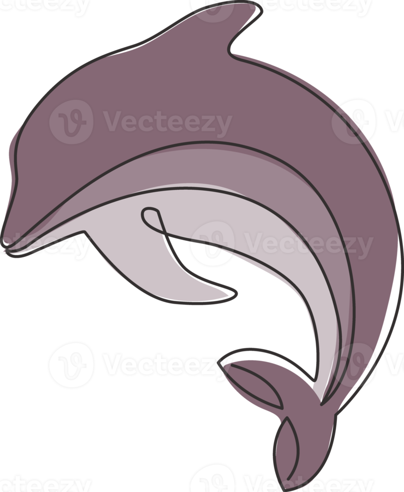 One continuous line drawing of friendly cute dolphin for fish tank aquarium logo identity. Happy mammal animal concept for company mascot. Modern single line draw vector graphic design illustration png