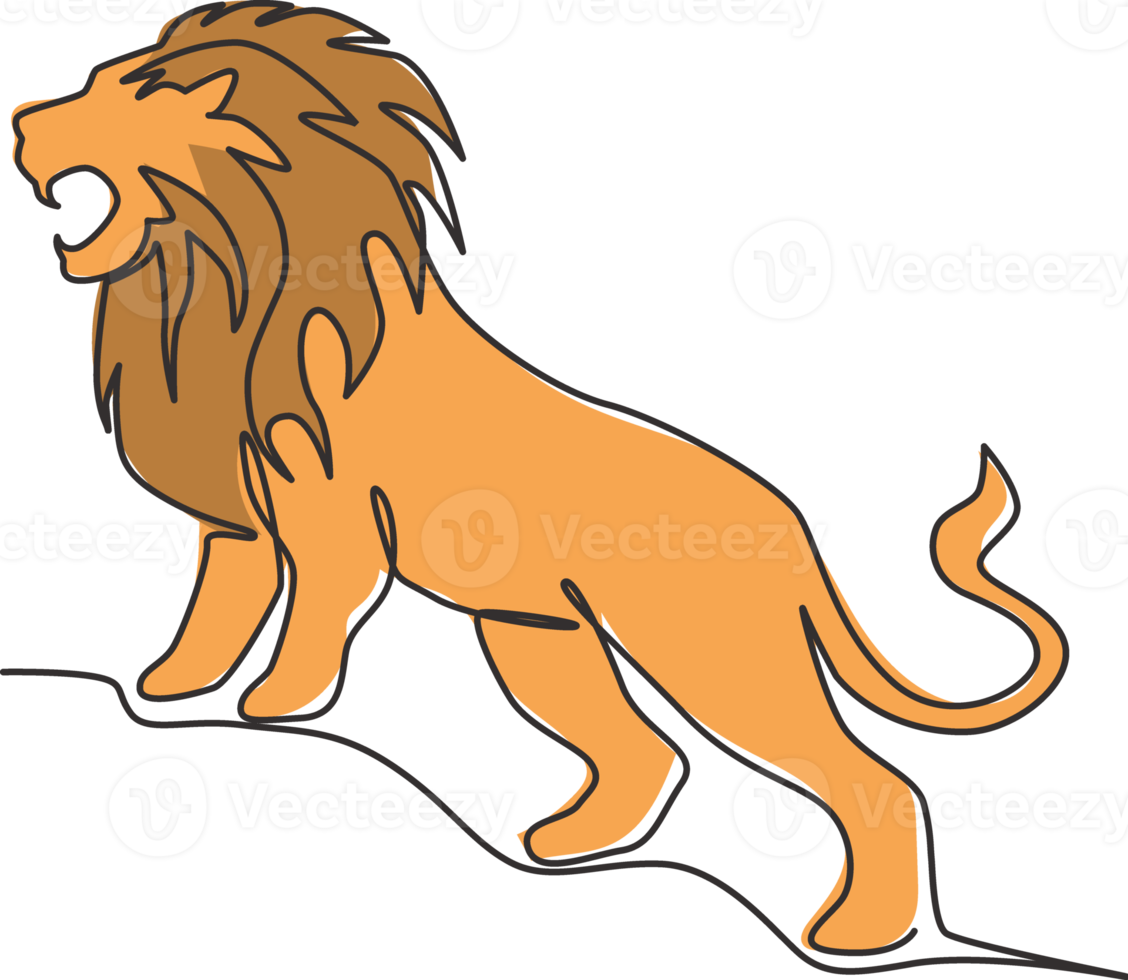One single line drawing of wild lion for company business logo identity. Strong wildcat mammal animal mascot concept for national conservation park. Continuous line draw design vector illustration png