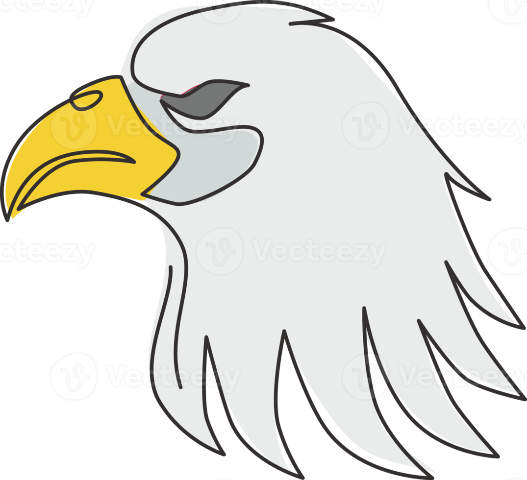 Single continuous line drawing of heroic eagle head for e-sport team logo identity. Falcon bird mascot concept for graveyard icon. Dynamic one line draw vector design graphic illustration png