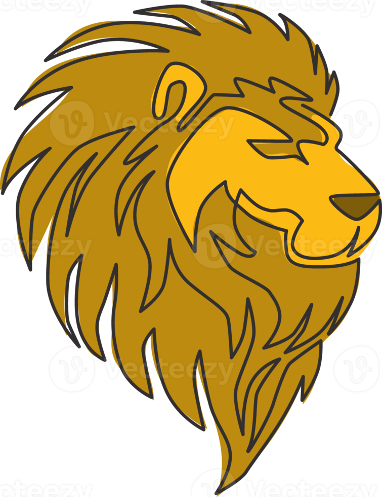 Single continuous line drawing of elegant lion head for sport club logo identity. Dangerous big cat mammal animal mascot concept for game club. Modern one line draw graphic vector design illustration png