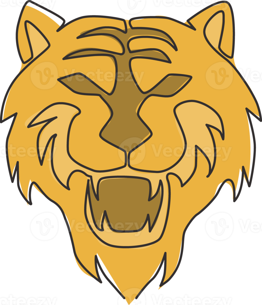 un dibujo de una sola línea de la cabeza del tigre salvaje de sumatra para la identidad del logotipo de la empresa. Fuerte concepto de mascota animal de gato grande de Bengala para el parque nacional de conservación. ilustración de diseño de dibujo de línea continua png