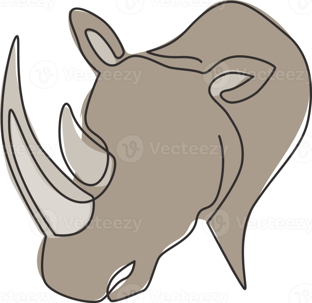 One continuous line drawing of strong white rhinoceros head for company logo identity. African rhino animal mascot concept for national zoo safari. Single line draw design illustration graphic vector png