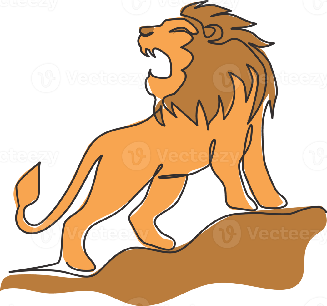 Single continuous line drawing of elegant lion for sport club logo identity. Dangerous big cat mammal animal mascot concept for game club. Trendy one line draw vector graphic design illustration png