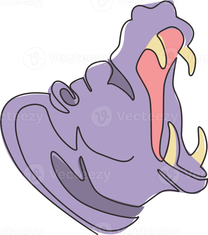 One continuous line drawing of big cute hippopotamus head for company logo identity. Huge wild hippo animal mascot concept for national safari zoo. Single line draw design vector graphic illustration png