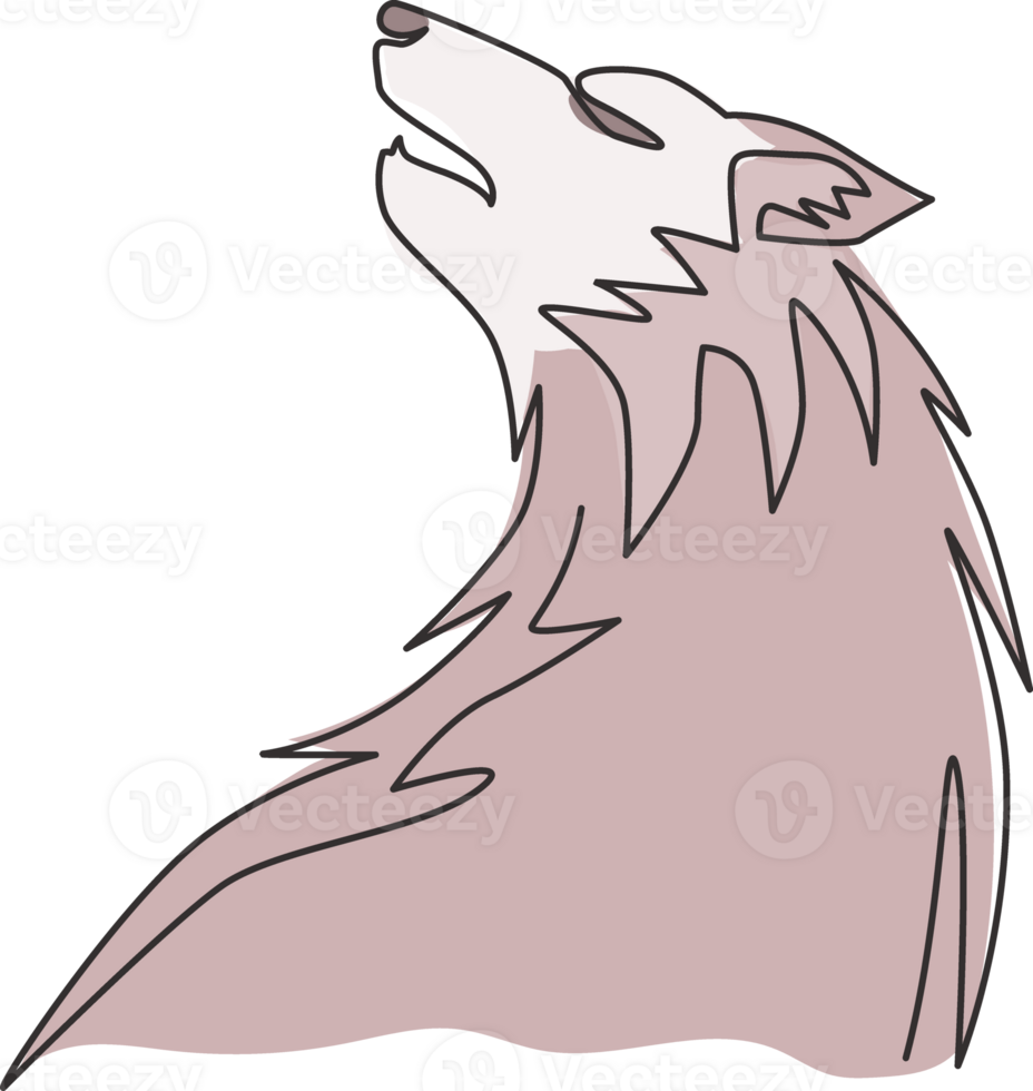 Single continuous line drawing of mysterious wolf head for e-sport team logo identity. Strong wolves mascot concept for national park icon. Dynamic one line draw graphic design vector illustration png