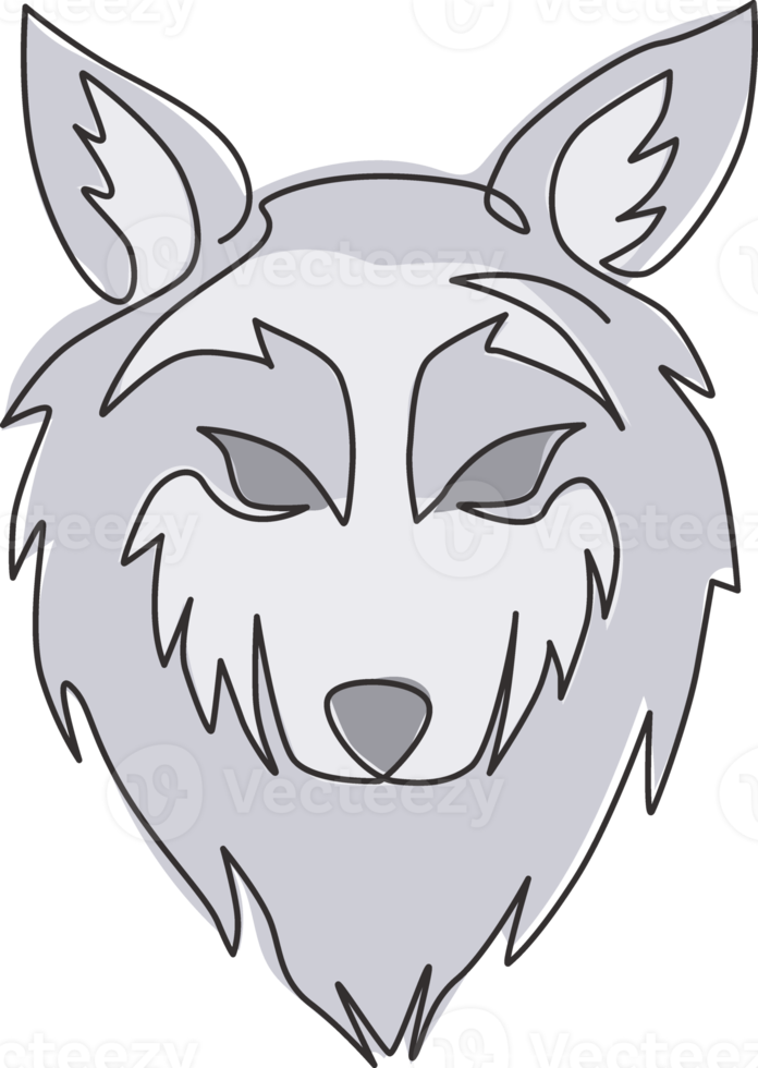 Eine einzige Strichzeichnung eines gefährlichen Wolfskopfes für die Logoidentität des Jägerclubs. Starkes Wölfe-Maskottchen-Emblem-Konzept für das nationale Zoo-Symbol. moderne durchgehende Linie zeichnen Design-Vektorgrafik-Illustration png