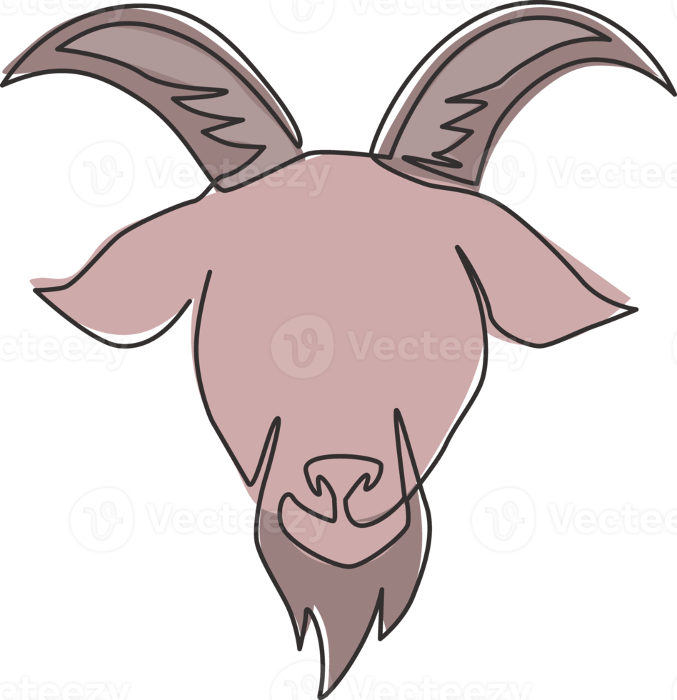 One continuous line drawing of funny cute goat head for livestock logo identity. Lamb mascot emblem concept for cattle icon. Modern single line draw graphic design vector illustration png