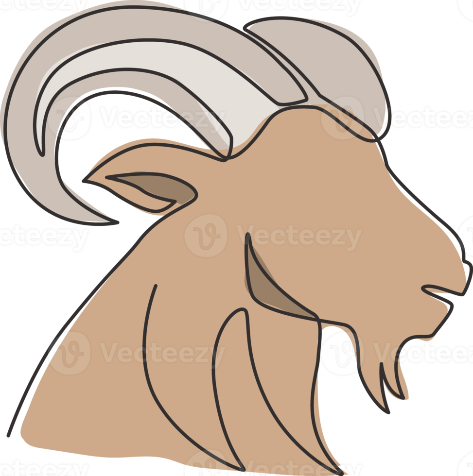 One single line drawing of funny cute goat head for stock breeding logo identity. Lamb mascot emblem concept for animal husbandry icon. Dynamic continuous line draw design vector illustration graphic png