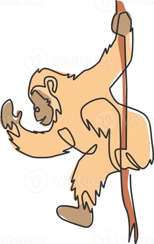 Eine durchgehende Strichzeichnung eines süßen Schimpansen, der an einem Ast hängt, um die Identität des Logos des Naturschutzdschungels zu erhalten. entzückendes Maskottchenkonzept für das Nationalparksymbol. Einzeilige Zeichnungsdesign-Vektorillustration png