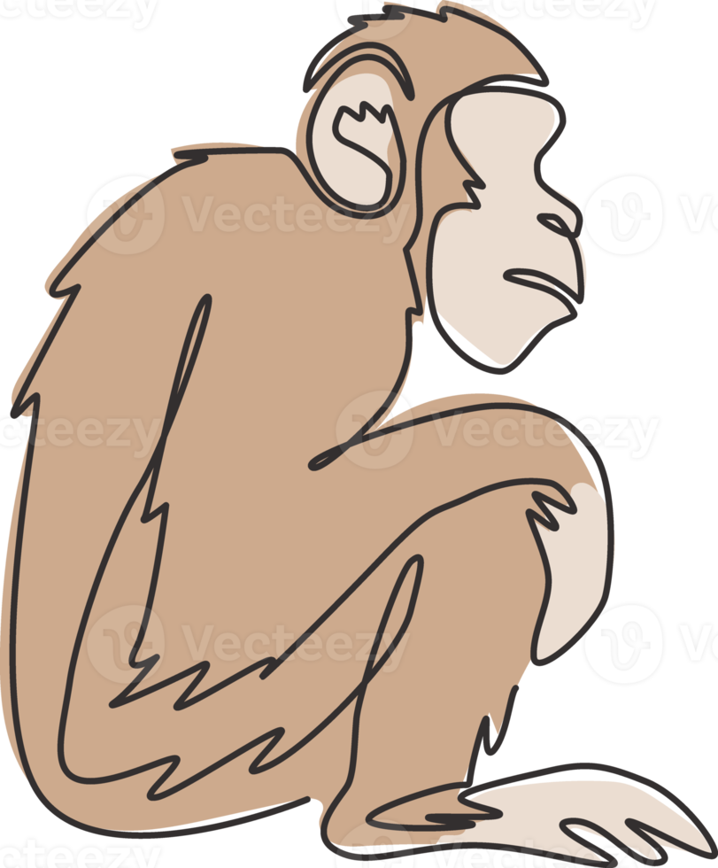 One single line drawing of cute sitting chimpanzee for company business logo identity. Adorable primate chimp animal mascot concept for corporate icon. Continuous line draw design vector illustration png