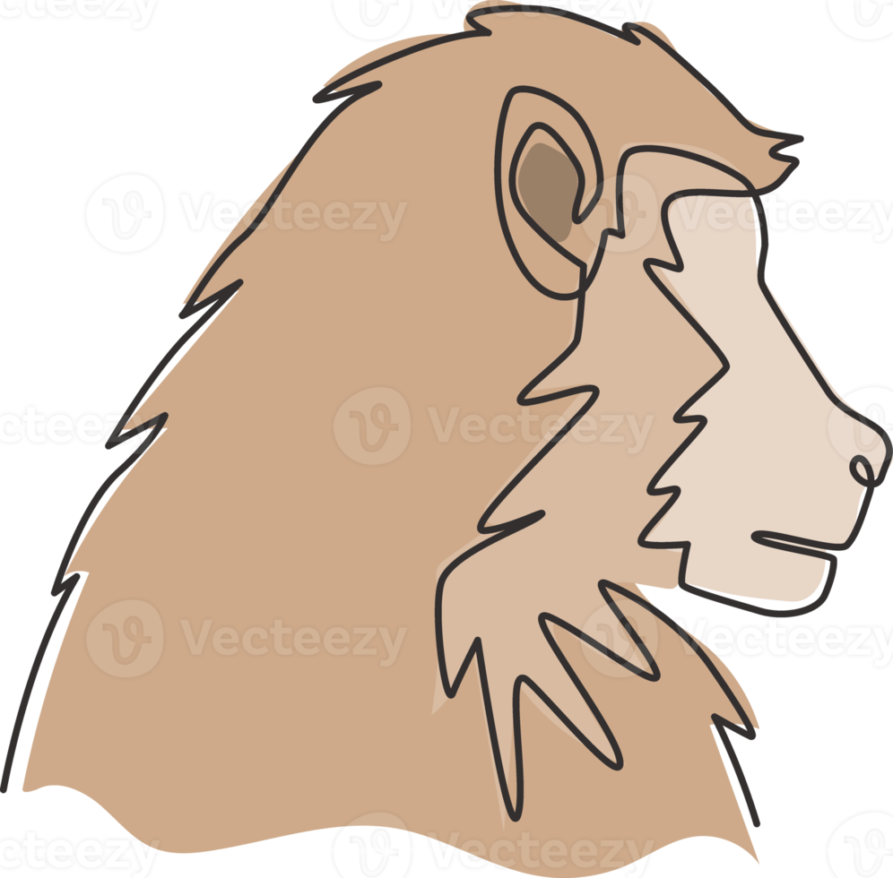 One continuous line drawing of baboon head for conservation jungle logo identity. Primate animal mascot concept for national park icon. Trendy single line draw graphic design vector illustration png